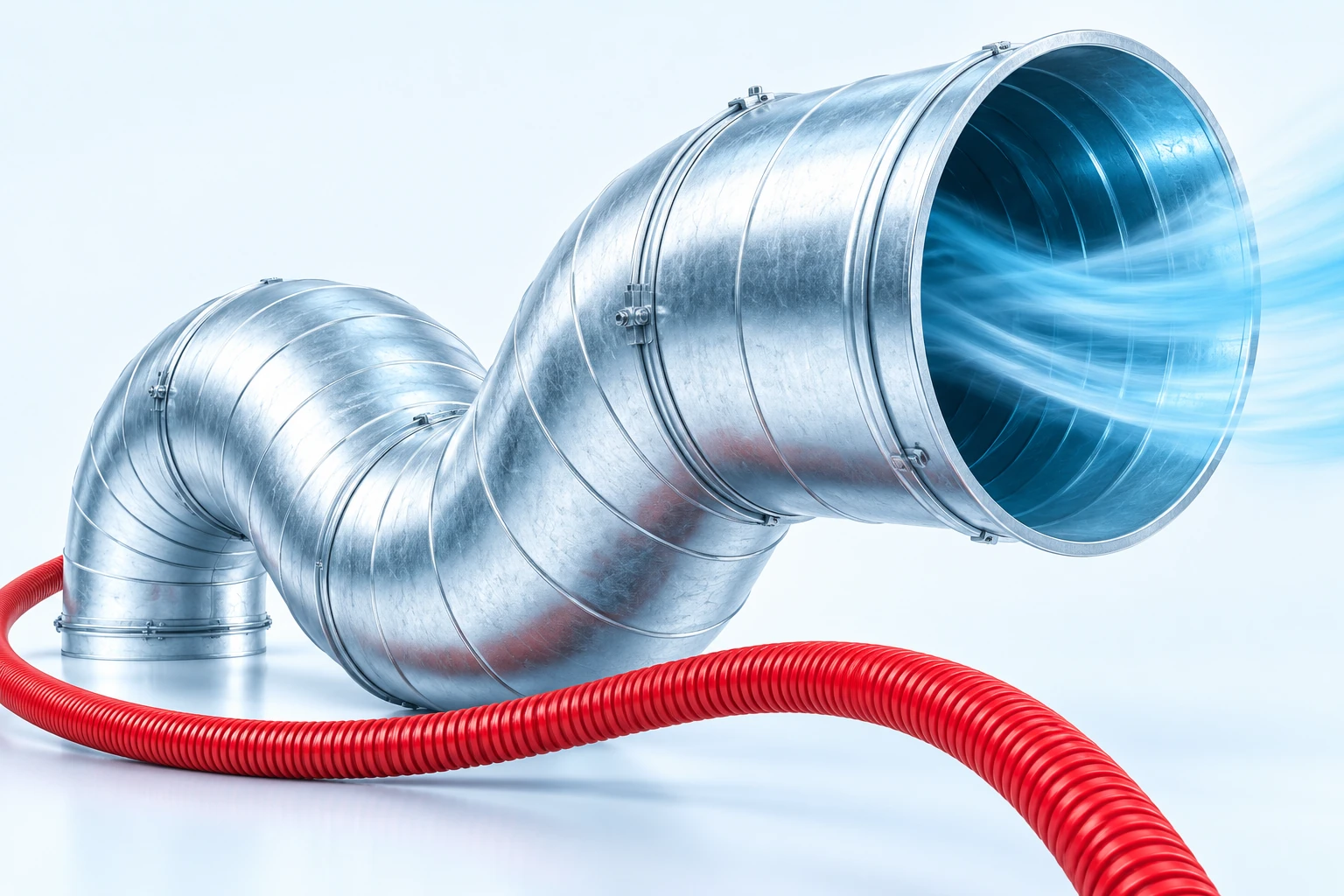 Sculptural silver ductwork with a red cleaning hose and blue airflow, illustrating AMG's air care services