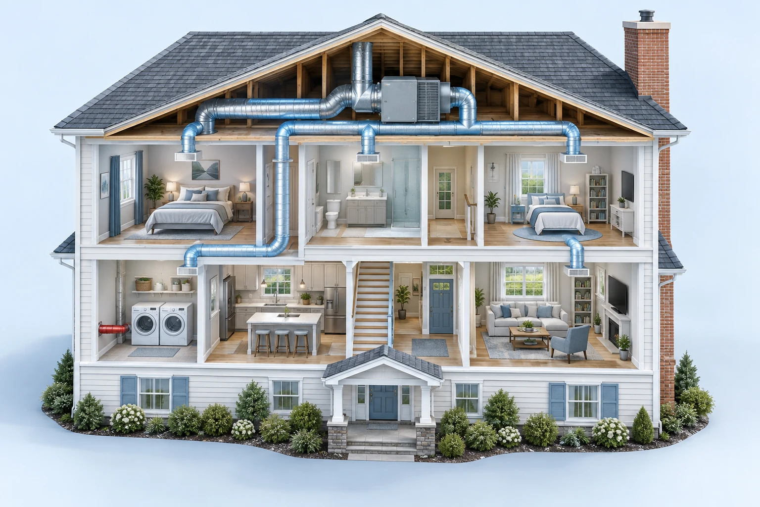 Illustrated cutaway house showing ducts, a laundry room and a chimney